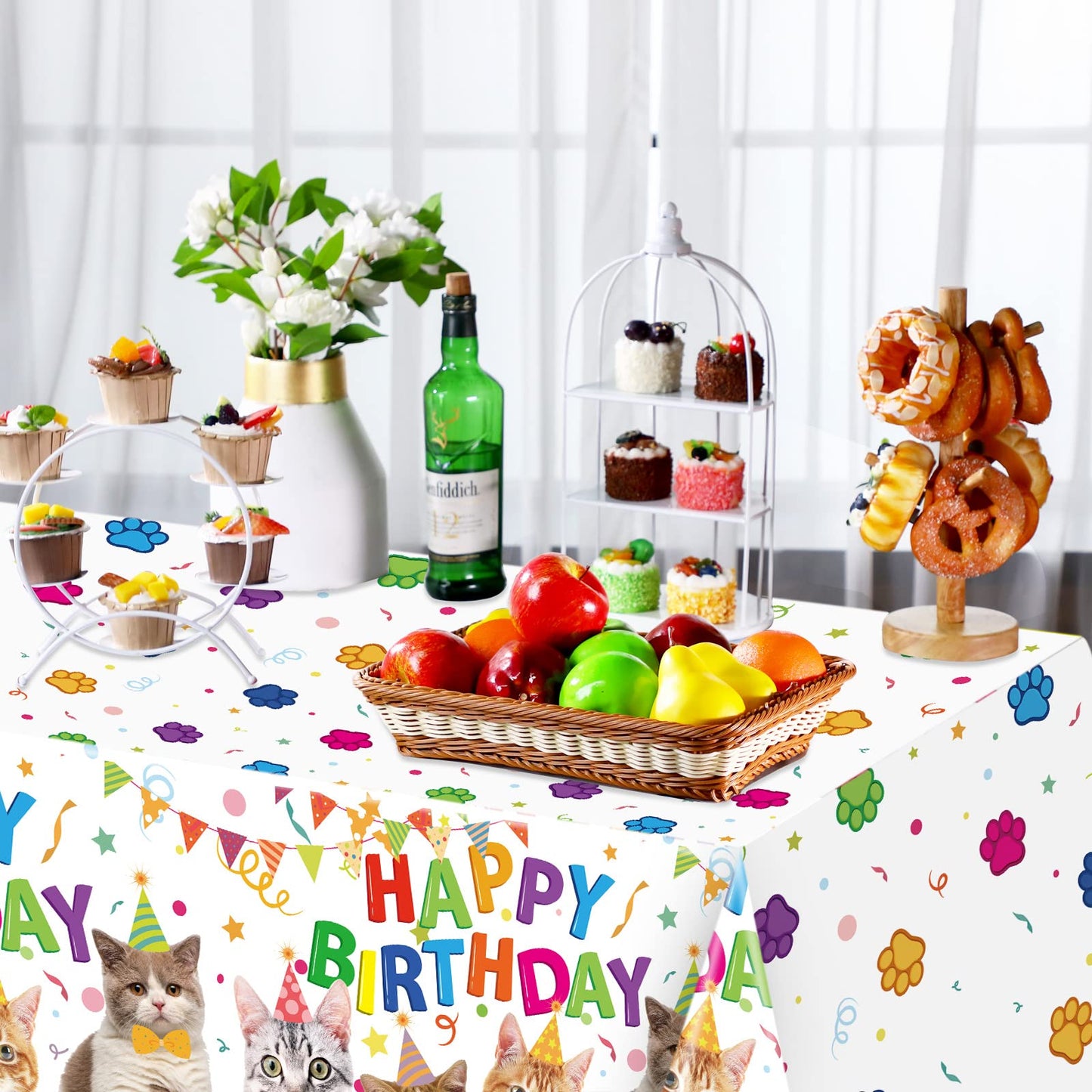 3 Pack Cute Cat Theme Plastic Tablecloth 54 x 108 Inch Kitten Cat Paw Print Disposable Table Cover for Kids Baby Shower Birthday