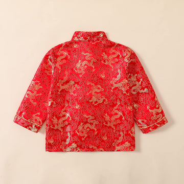 Noubeau Boy Tang Suit Dragon Long Sleeve Shirt, Red, 3-4T, Nylon/Polyester, Traditional Chinese New Year Outfit for Kids