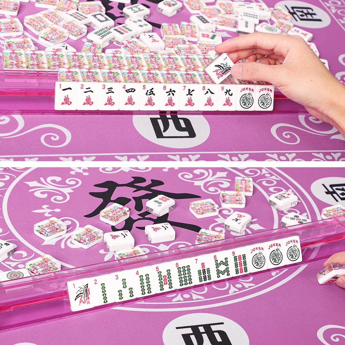 Gustaria American Mahjong Tile Set, 166 Acrylic Mahjongg Tiles, 4 All-In-One Color Rack/Pushers, Complete Mahjong Game Set With
