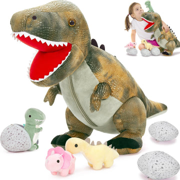 Morismos Dinosaur Stuffed Animal With Babies,23.6'' Big Mommy Stuffed Dinosaur With 3 Baby Dinosaur Stuffed Toys, 3 Dino Egg Toy