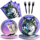 Wiooffen 96 Pcs Wolf Party Supplies Plates Napkins Forks Tableware Set Wolf Animal Birthday Disposable Dinnerware Decoration For