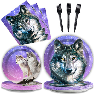 Wiooffen 96 Pcs Wolf Party Supplies Plates Napkins Forks Tableware Set Wolf Animal Birthday Disposable Dinnerware Decoration For