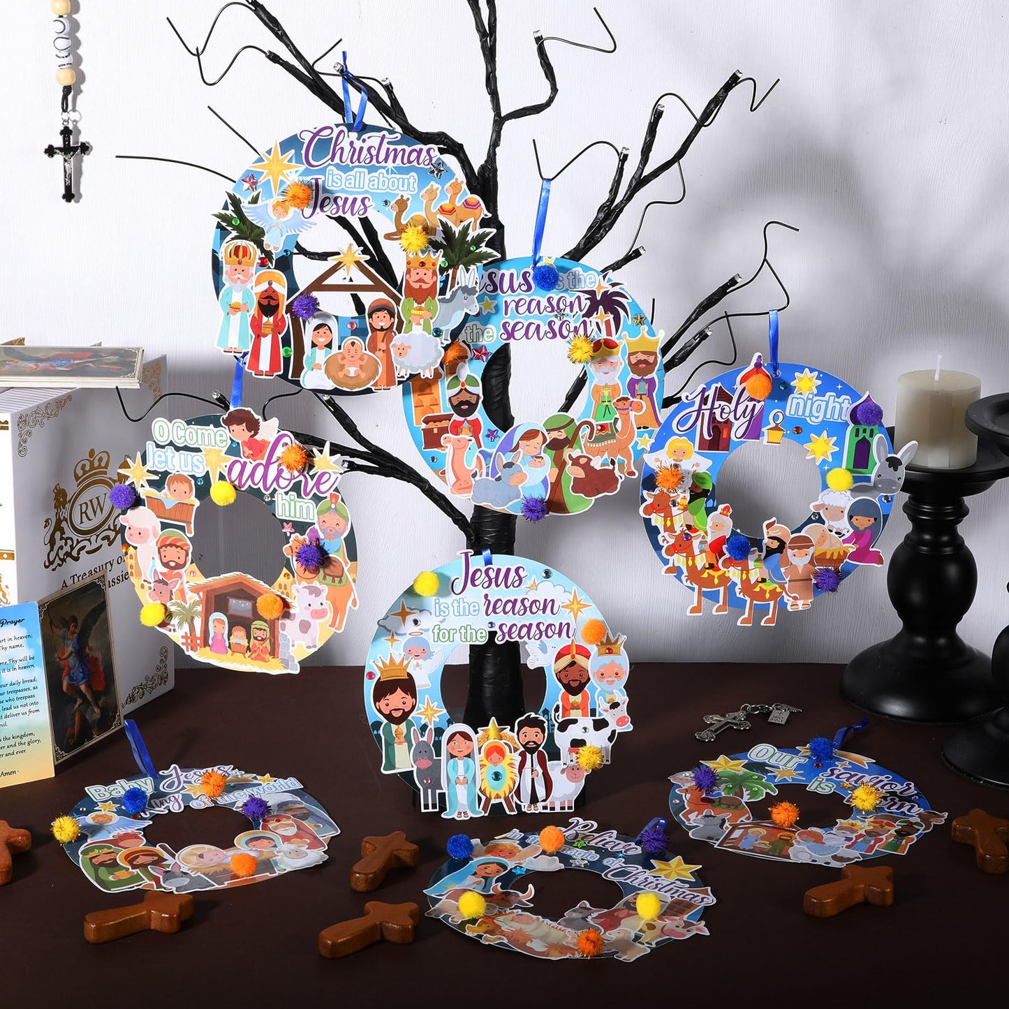 Hollowfly 48 Sets Christmas Nativity Crafts Kits Religious Jesus DIY Wreath Signs Hanging Ornaments Make Your Own Nativity Scene