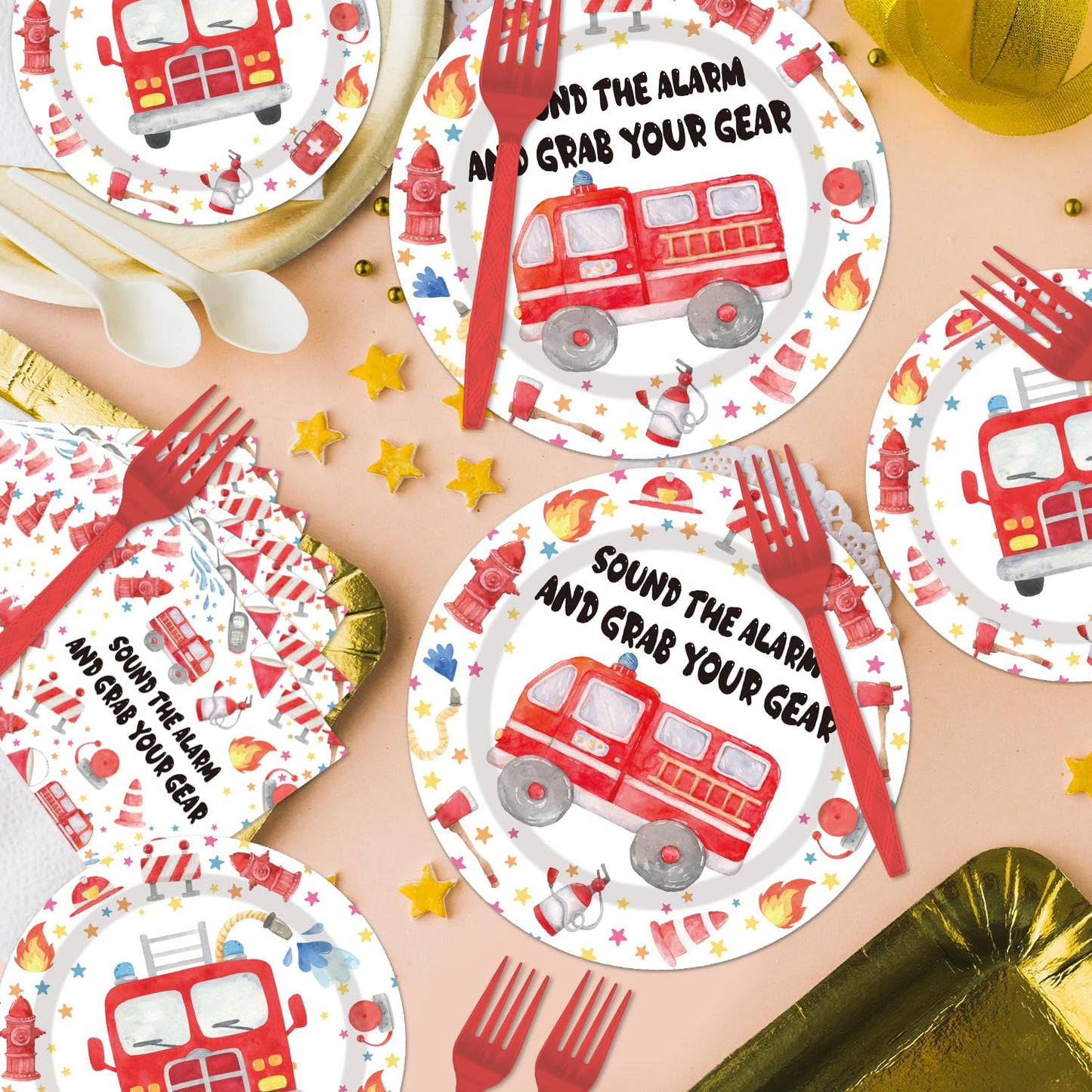 EUOYUFO Firetruck Birthday Party Decorations - 96PCS Fire Truck Plates and Napkins Party Supplies Firefighter Birthday Decoratio