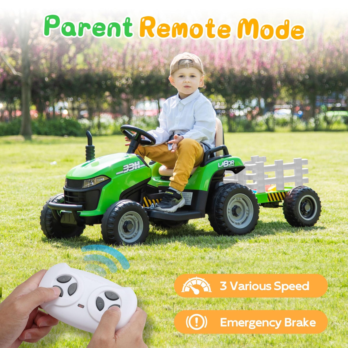 Anpabo 24V Ride On Tractor W/Tiltable & Detachable Trailer, Eva Tires, Up To 4.3Mph, Ride On Toys With Parental Remote, Realistic Tractor Sound & Chimney, Music Player, Led Light, Green