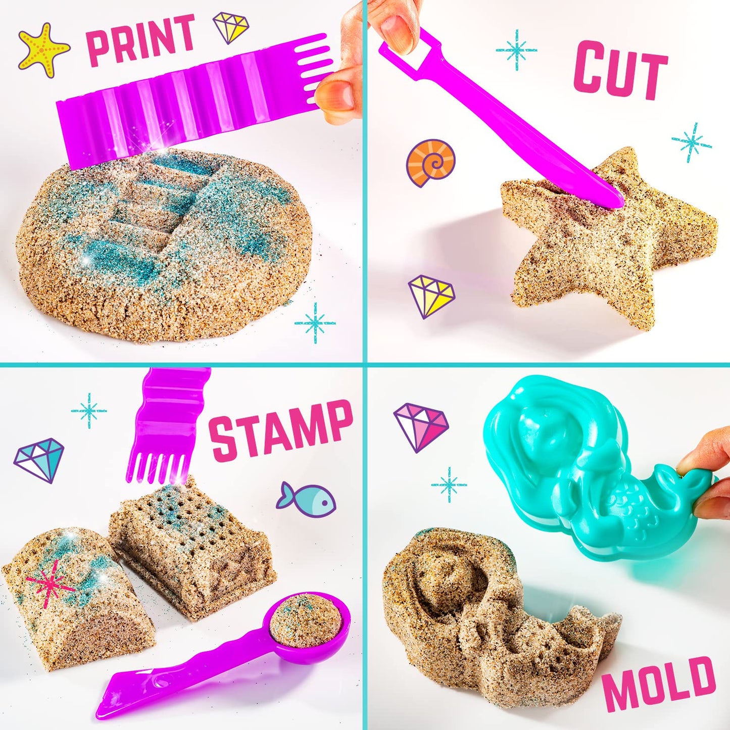 Girlzone Mermaid Sensory Sand Kit, 2Lbs Moldable Play Sand For Kids Aged 3+, Magic Sand With Gems, Tools & Portable Treasure Chest, Kids Toys For Playdates, Party Games & Gifting