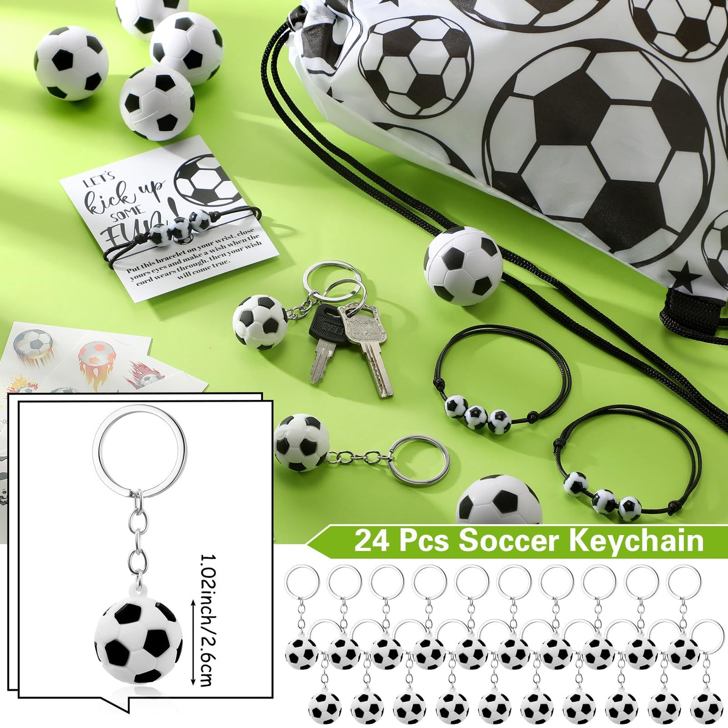 Equsion 144 Pcs Soccer Party Favors Drawstring Bags with Adjustable Bracelets Stress Balls Keychains Stickers and Wish Cards for