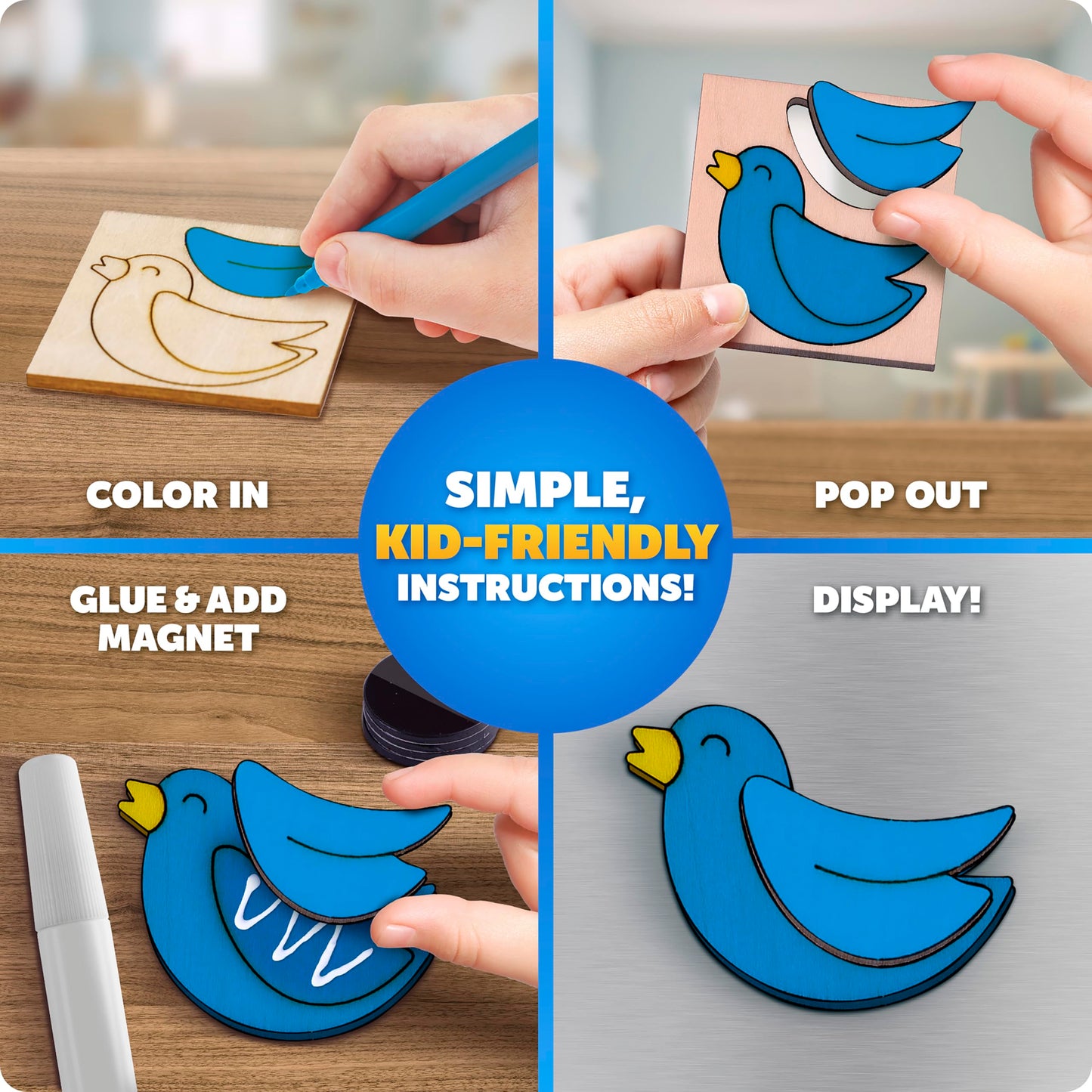 Blue Marble Wooden Magnet Craft Kit - Create & Paint 15 Nature-Themed Magnets with 8 Watercolor Pens, Magnet Art Kit, DIY Magnet