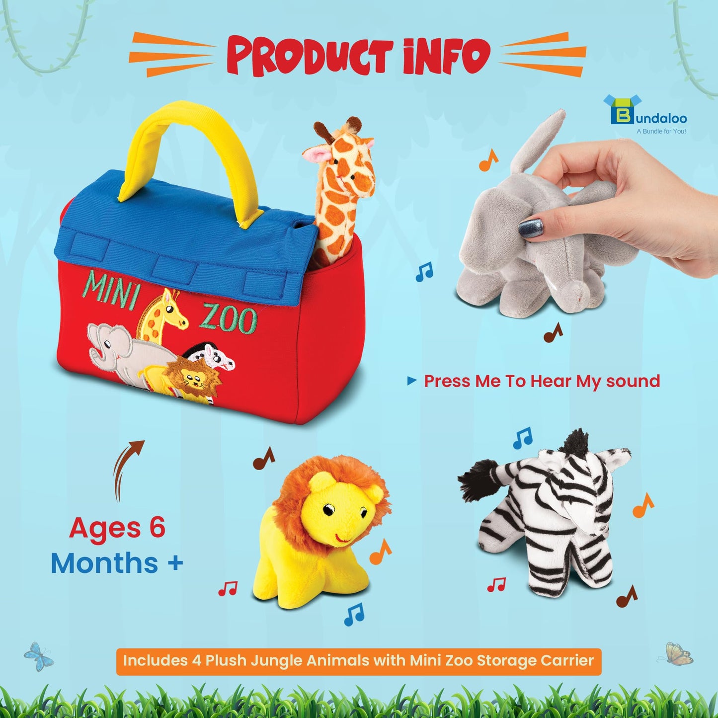 Bundaloo Plush Mini Zoo Playset - Giraffe, Elephant, Lion, Zebra - Interactive Animals, Carrier with hook and loop Closure, Natu
