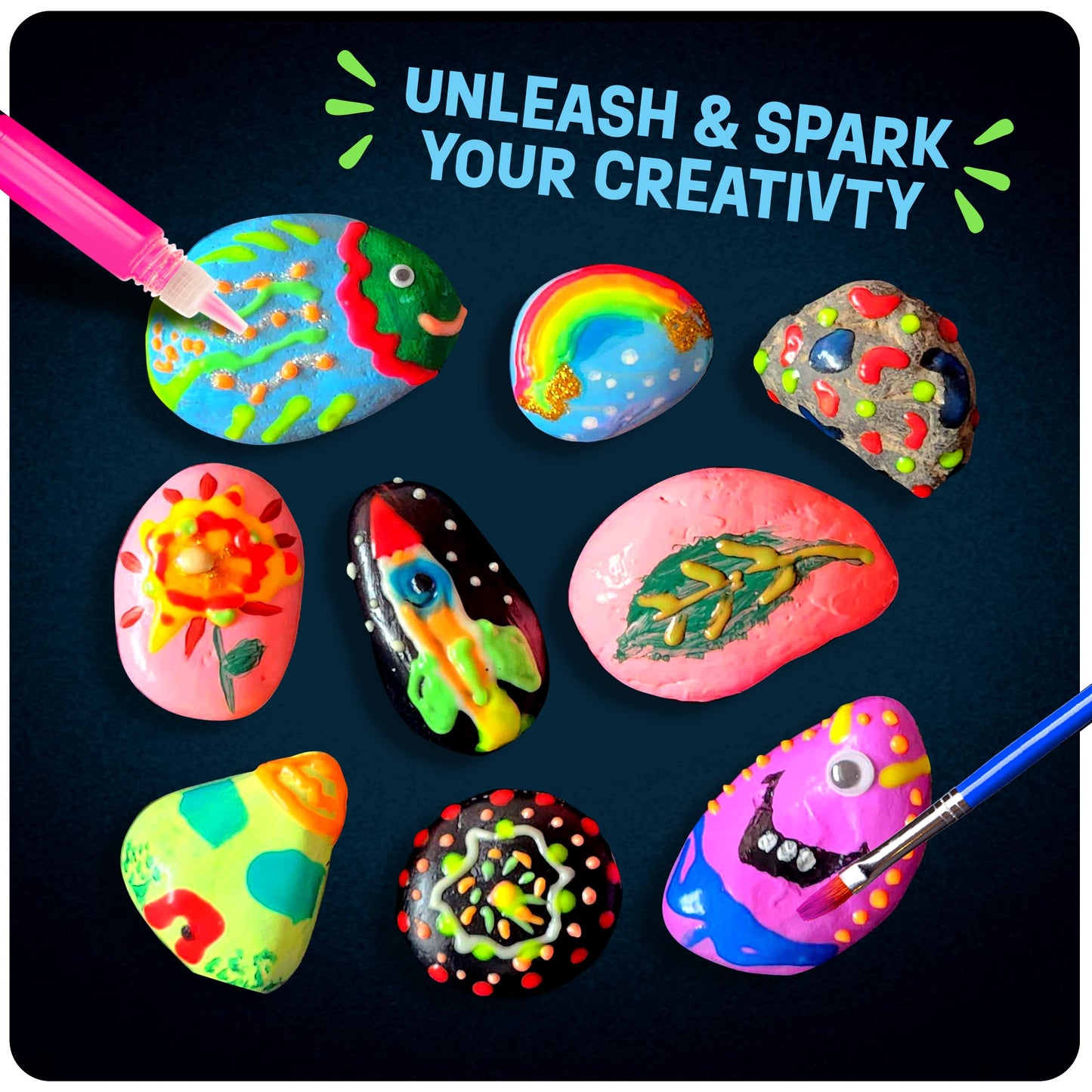 Dan&Darci Kids Rock Painting Kit - Glow in The Dark - Large Arts & Crafts Set for Ages 6-12 - Creative Gold, Silver, White Art Toys