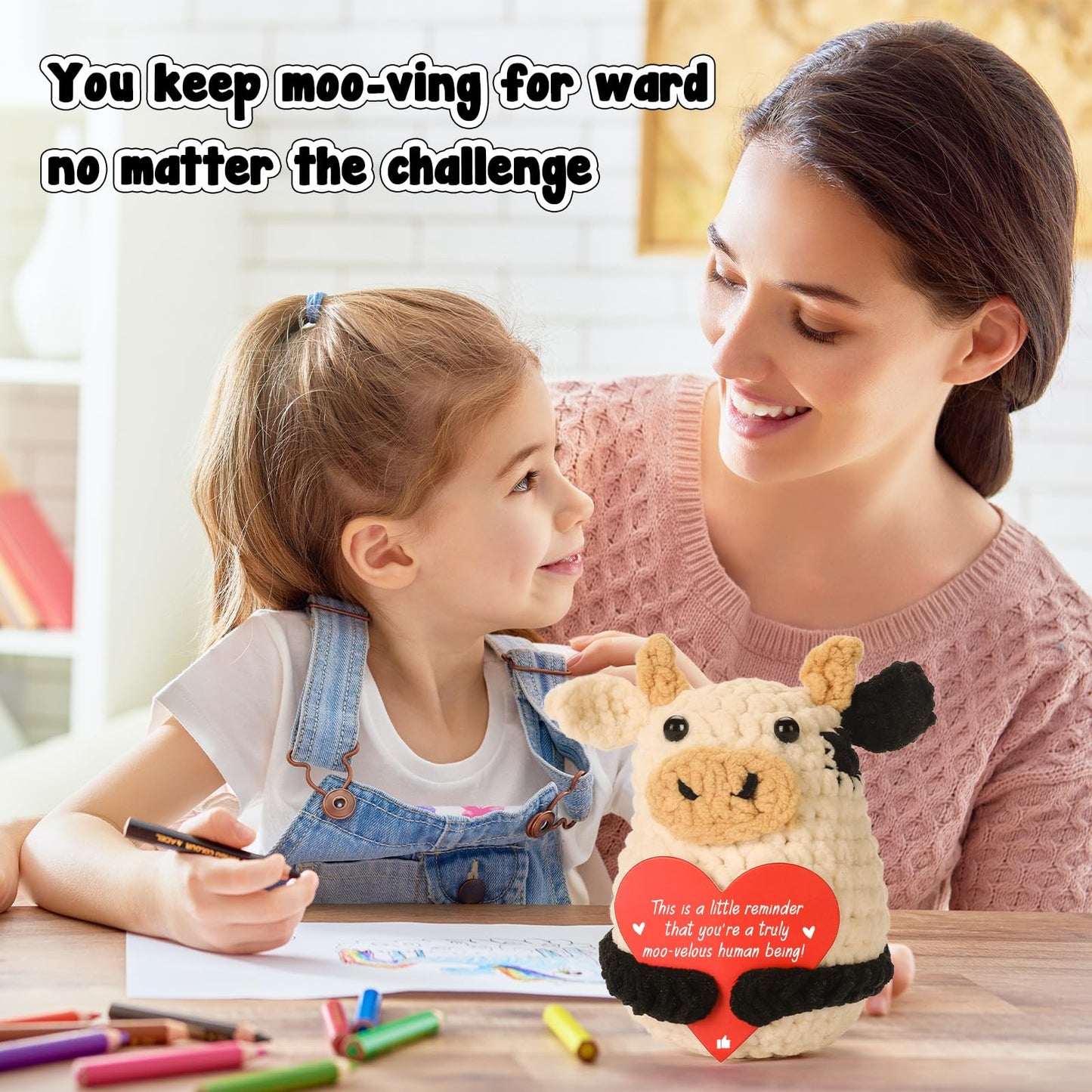 YUEYUQIU Mini Funny Inspirational Positive Cow Gifts - Thank You Appreciation Gift for Women Men Coworker Friends Teens Girl Teacher Mom - Handmade Crochet Small Cow Present for Christmas Birthday