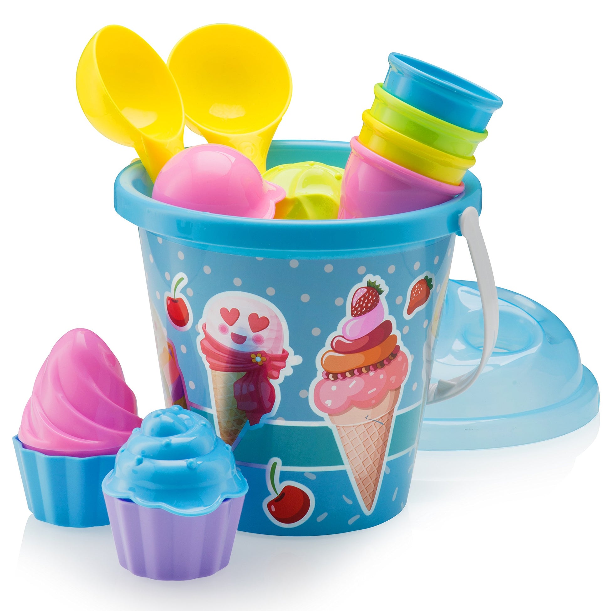 Top Race Kids Beach Toys Set with Bucket Pail and Spade Scoop - 16pcs Ice Cream Blue Sand Playset for Kids & Toddlers Ages 1.5,2