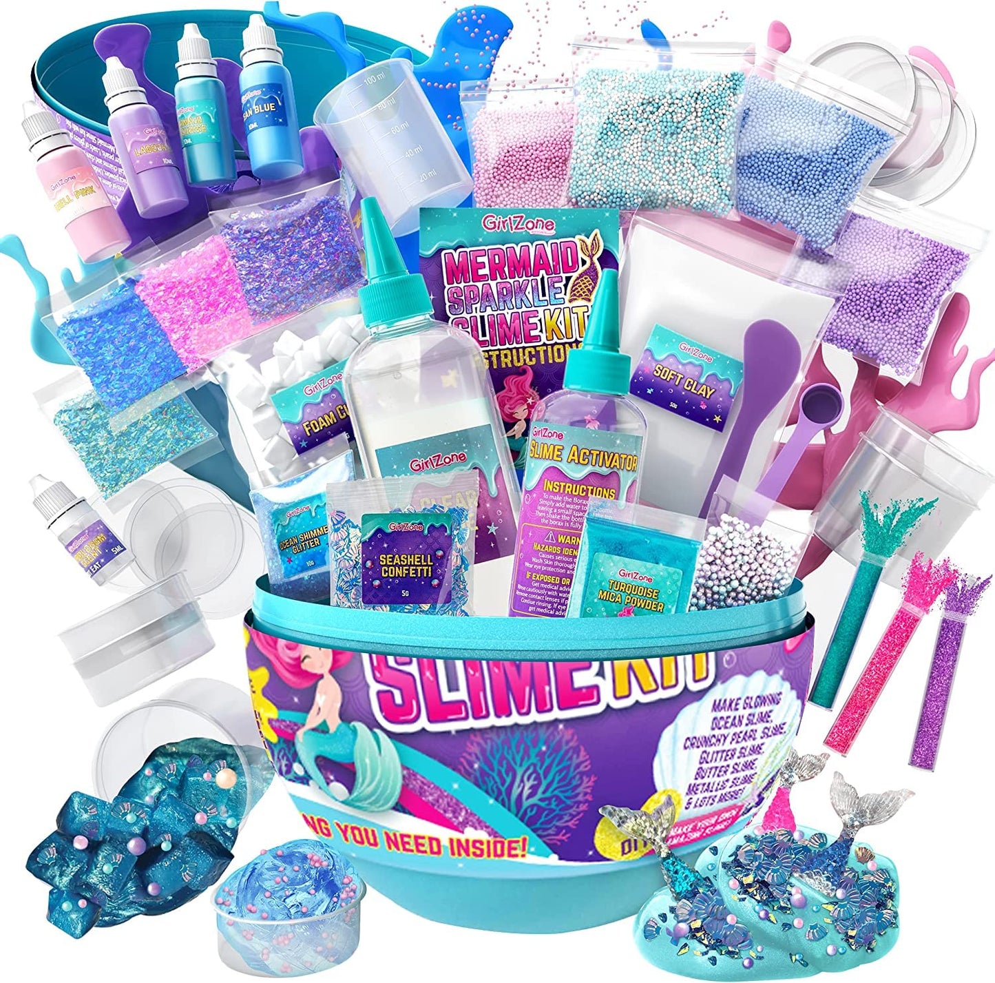 Girlzone Egg Surprise Mermaid Sparkle Slime Kit, 39 Pieces To Make Glow In The Dark Slime With Glitter Slime Add Ins, For Girls 8-12, Ideal Easter Gifts For Kids
