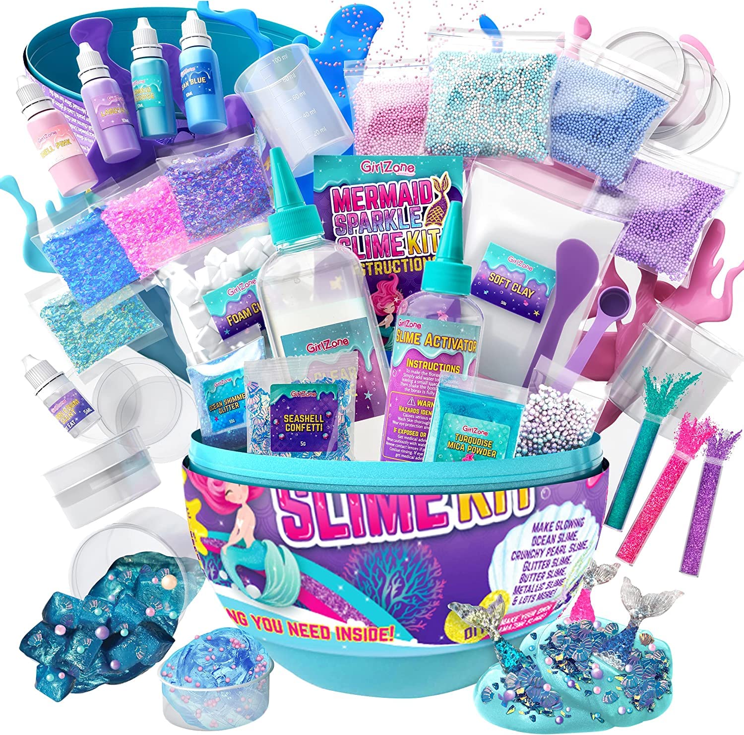 Girlzone Egg Surprise Mermaid Sparkle Slime Kit, 39 Pieces To Make Glow In The Dark Slime With Glitter Slime Add Ins, For Girls 8-12, Ideal Easter Gifts For Kids