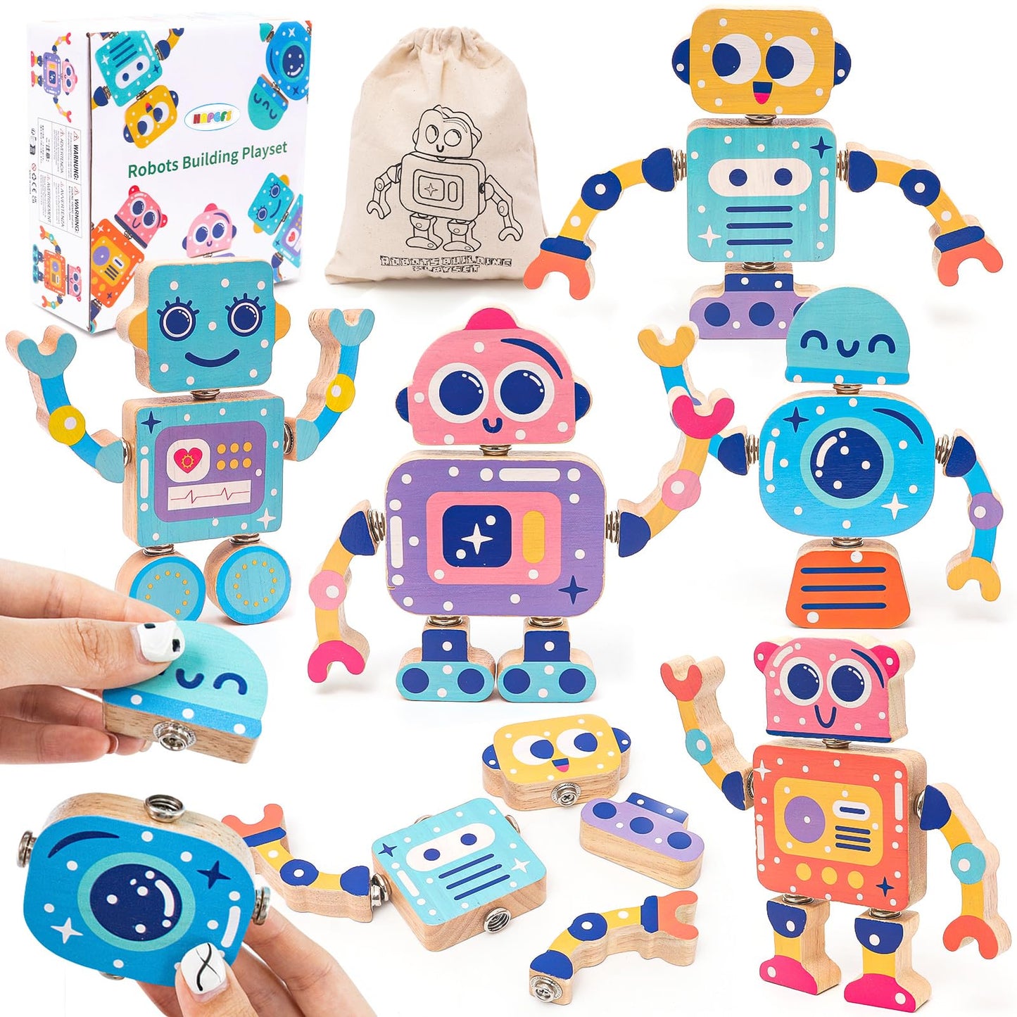HAPGFS Wooden Robot Building Blocks Set - STEM Toys for Toddlers, 28 Pcs Montessori Fine Motor Skills Playset, Medium Size