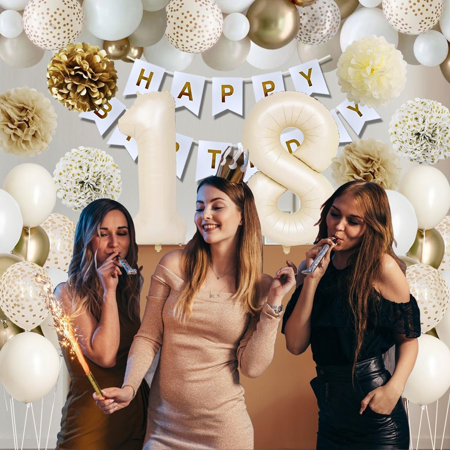 18Th Birthday Decorations For Girls, Gold Happy 18Th Birthday Decorations White And Gold Balloons Happy Birthday Banner Tableclo