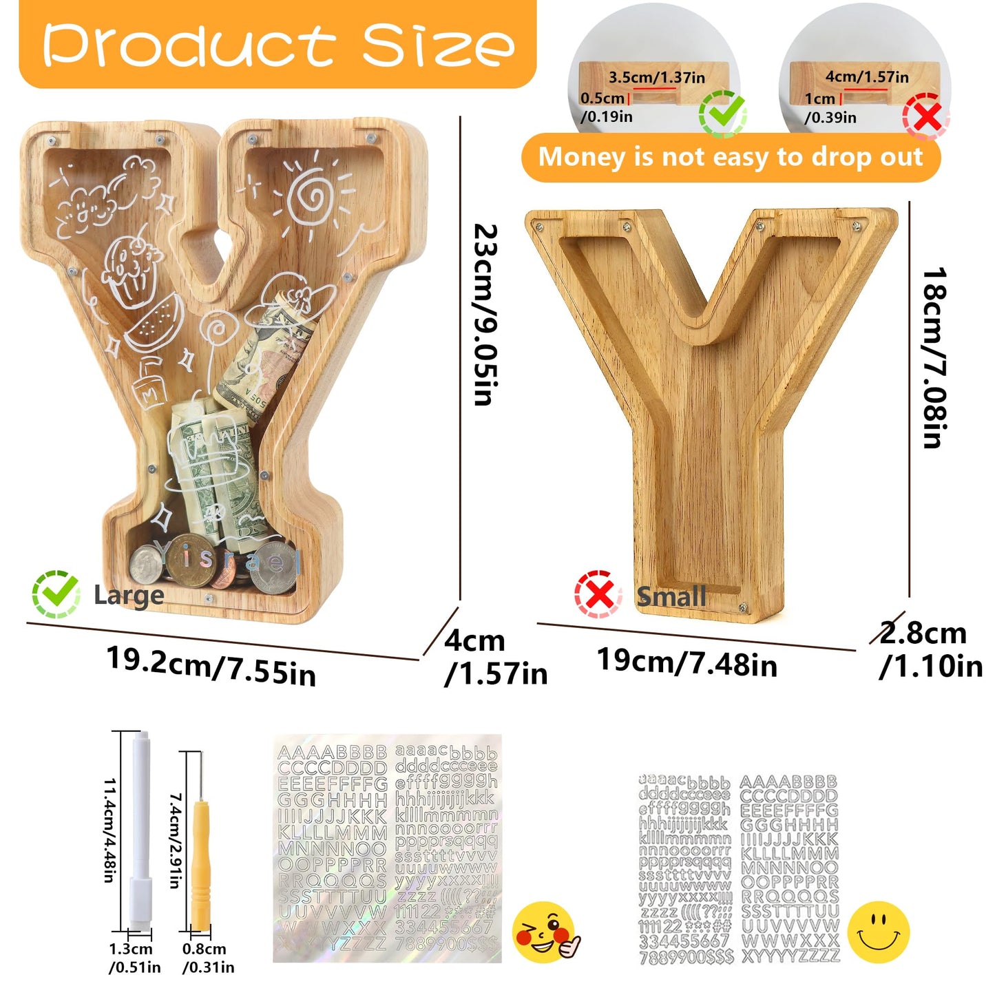 weallbuy Large Letter Piggy Bank for Kids Boys Girls Wooden Personalized Piggy Banks A-Z with Target Area Clear Alphabet Banknote Coin Banks for Gift Decoration Baptism (Y)