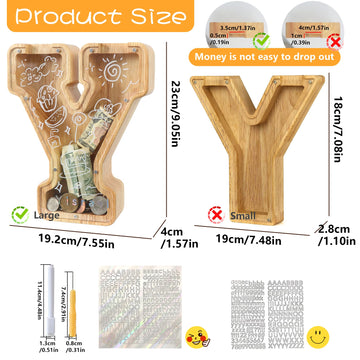 weallbuy Large Letter Piggy Bank for Kids Boys Girls Wooden Personalized Piggy Banks A-Z with Target Area Clear Alphabet Banknote Coin Banks for Gift Decoration Baptism (Y)