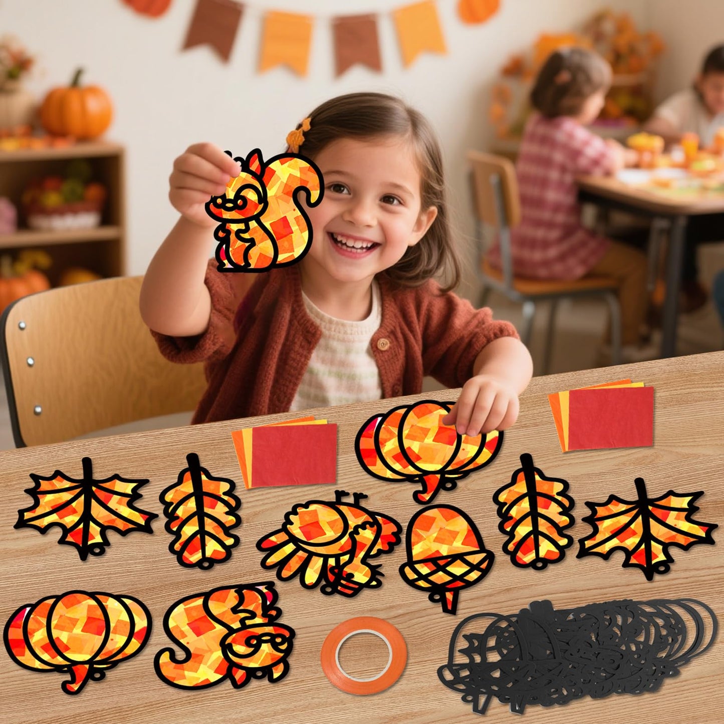 Qyeahkj 36 Set Fall Suncatchers Crafts for Kids DIY Autumn Leaf Pumpkin Acorn Squirrel Window Tissue Paper Craft Kit Hanging Dec