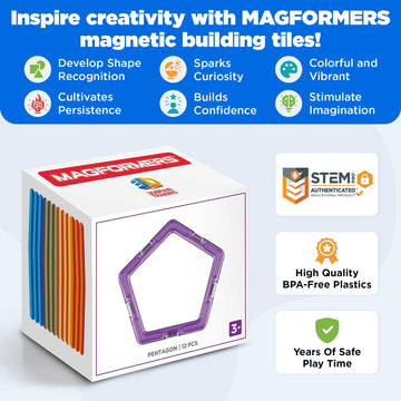 Magformers Pentagon 12 Pieces Rainbow Colors, Educational Magnetic Geometric Shapes Tiles Building Stem Toy Set Ages 3+