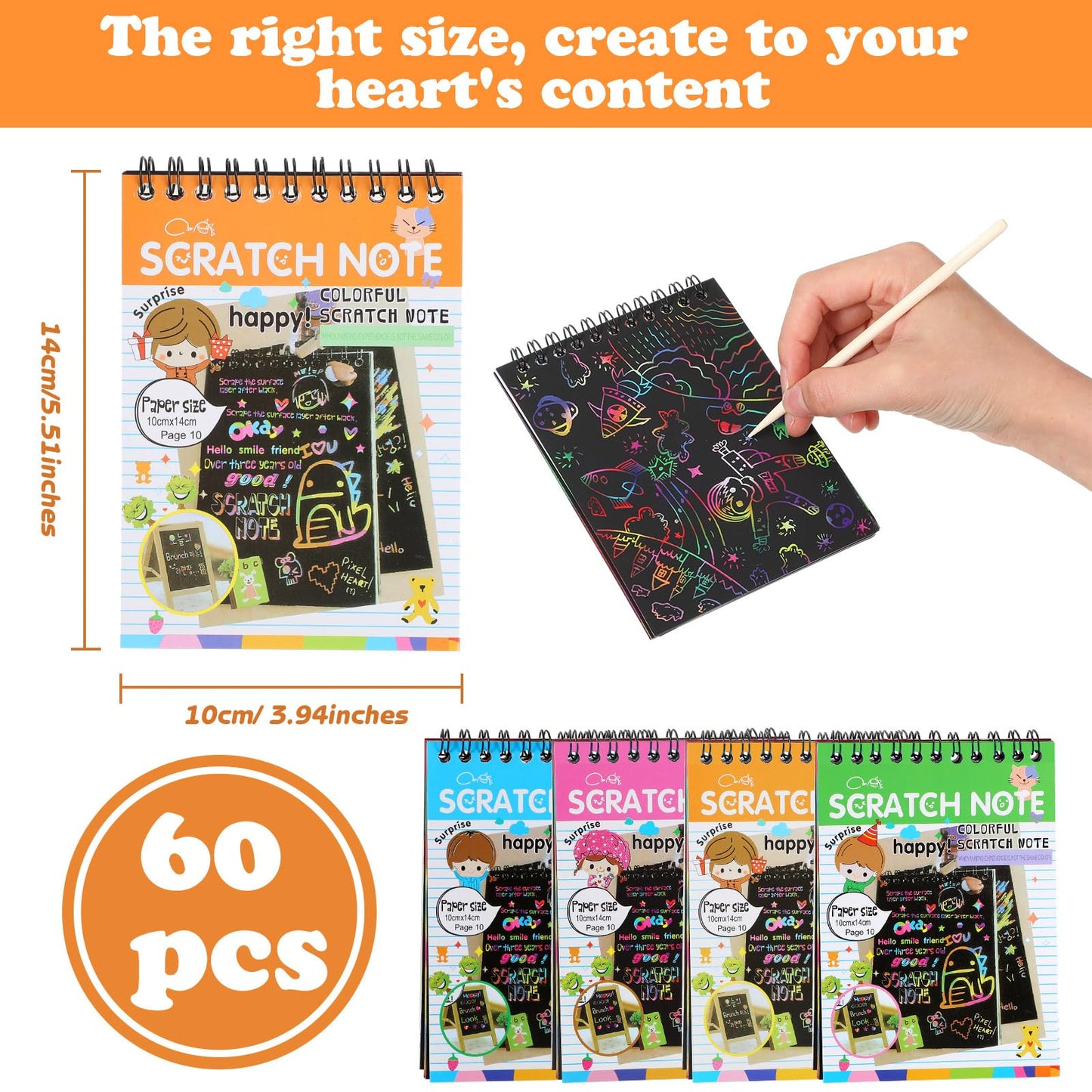 Fulmoon 60 Pcs Bulk Scratch Note Pads for Kids Scratch Paper Art Notebooks Rainbow Party Favors with Wooden Stylus Coloring Book