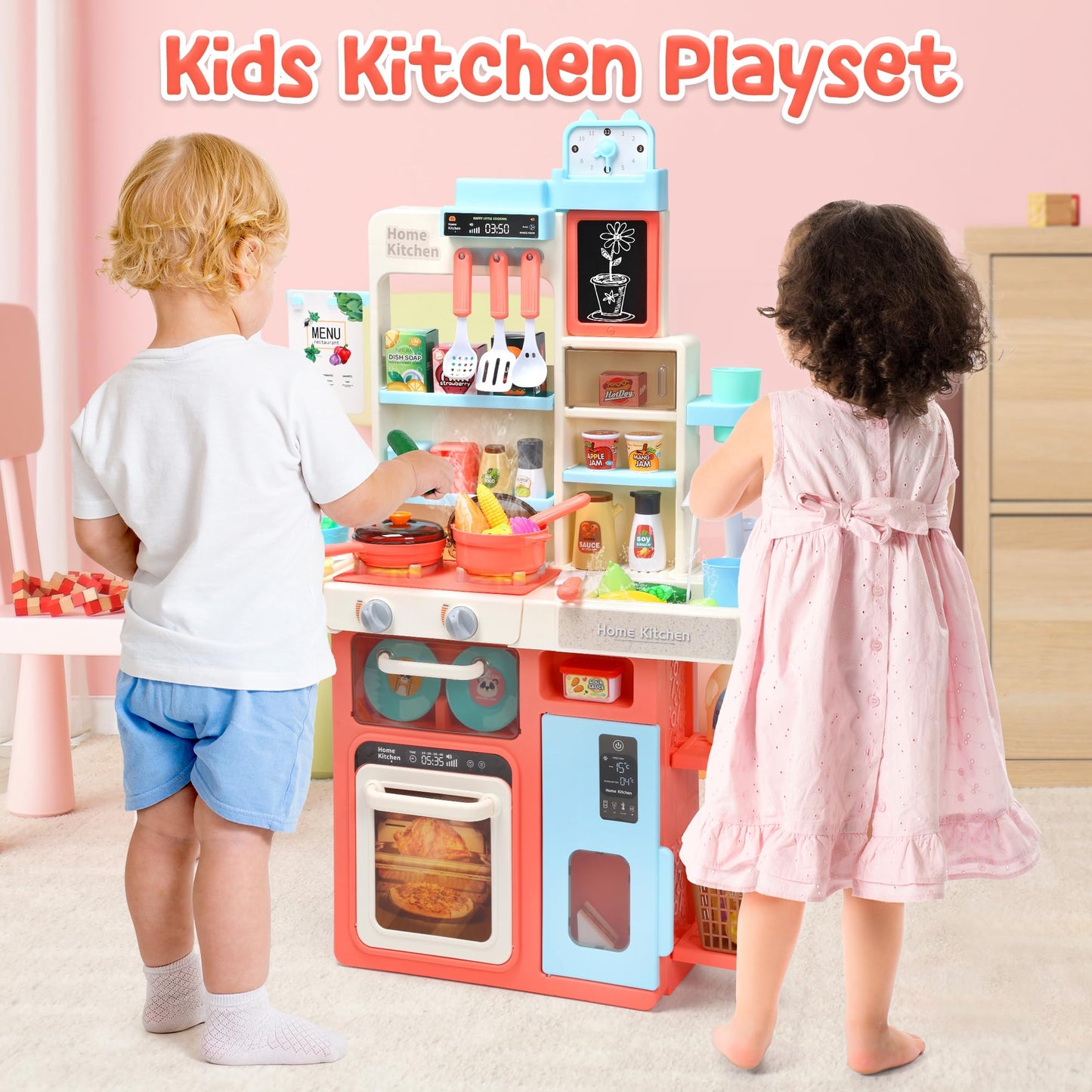 HOLYFUN Kids Kitchen Playset, Kitchen Set for Toddler with Sound and Light, Cooking Stove with Steam, Play Sink and Toy Kitchen