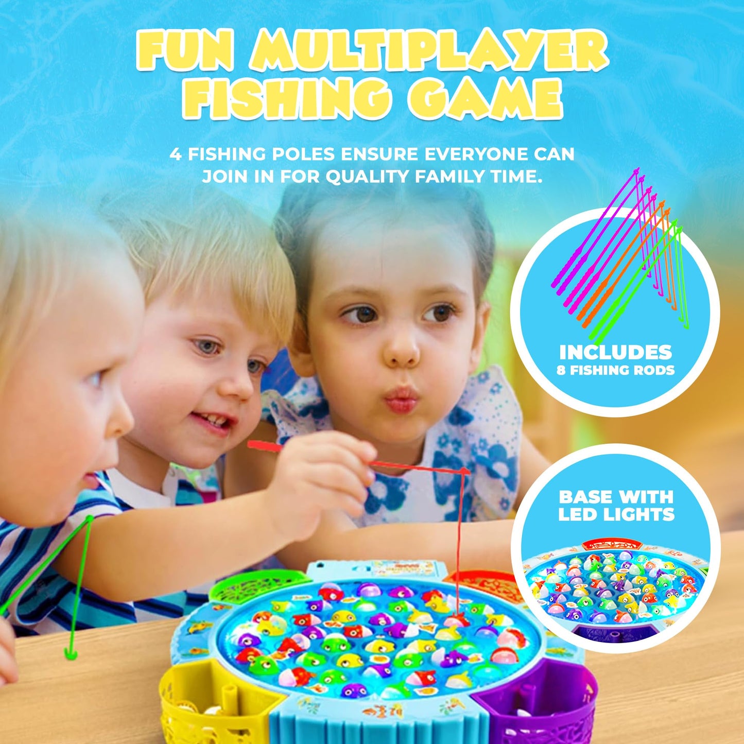 IPIDIPI TOYS Fishing Game for Kids - Light Up Magnetic Board with Music, 45 Fish, 8 Poles, Multicolor