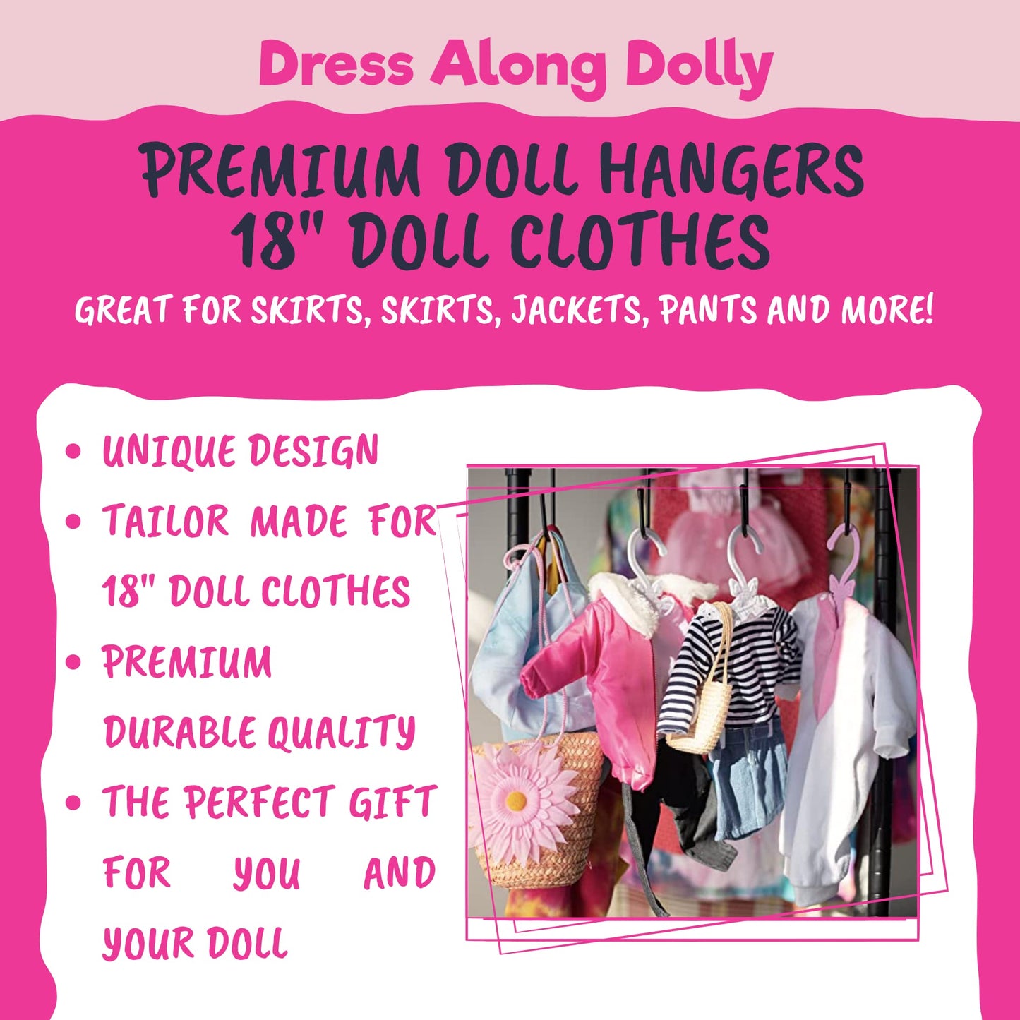 Dress Along Dolly Purple Full-Outfit Hanger 24Pk For American 18' Doll Clothes- Hold Your Tops & Bottoms Together Including Dresses, Pants, Shirts, Skirts, & Accessories- Perfect Girl Gift Set