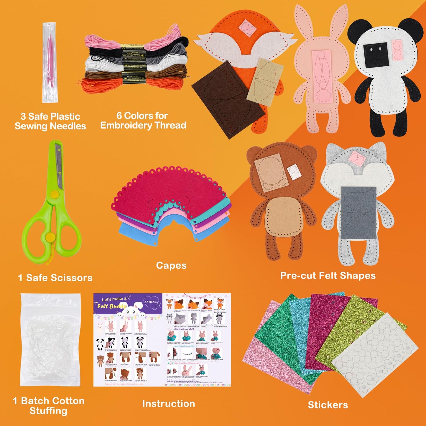 Cymbana Kid Sewing Craft Kit - Make 5 Felt Animal Friends - Panda, Fox, Bunny, Raccoon, Bear - Beginner Friendly, Model FRWW-05