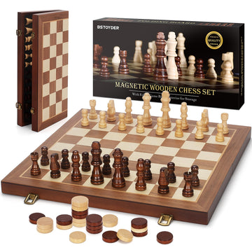2 In 1 Magnetic Wooden Chess And Checkers Board Game Set, 15' Folding Chess Boards With 2 Extra Queens, Portable Travel Chess Sets With Pieces Storage Slots, Beginner Chess Game Set For Kids, Adults
