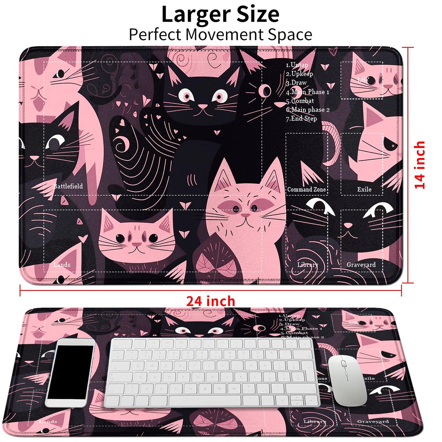 DIGTIALL Card Mat for MTG & TCG Playmat Mouse Pad 24 x 14 Game Mat for MTG RPG CCG Trading Card Game Playmats Table Mat Perfect for Card Games Video Games Computer Office Black and Pink Kitty