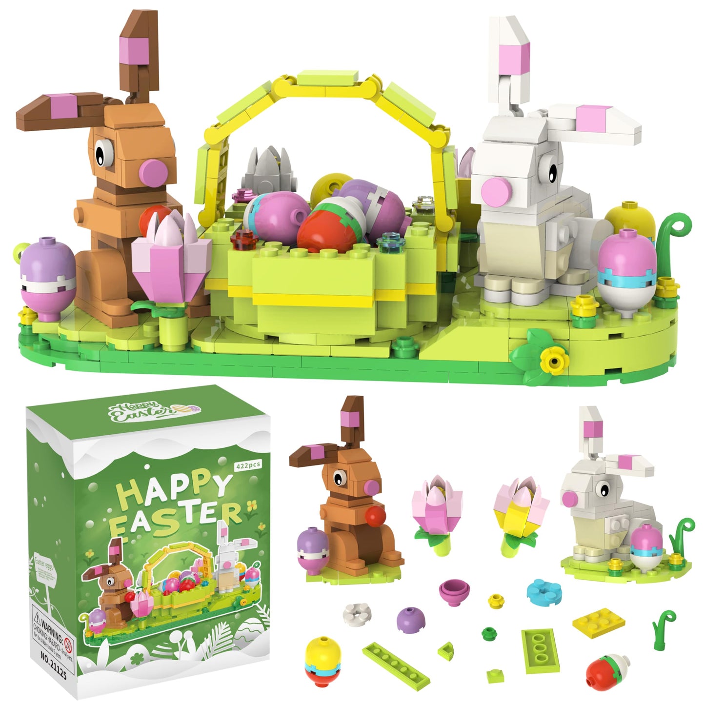 Alagoo Easter Bunny And Basket Building Kit, 422 Pcs Easter Rabbits Display Building Toy Set, Easter Basket Stuffers Easter Eggs Baskets For Kids Easter Building Toys Easter Gifts For Boys Girls