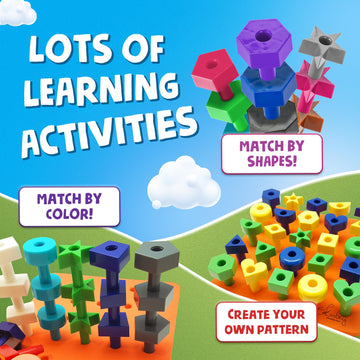 Skoolzy Peg Board Toddler Stacking Toys - Stem Color Sorting Learning Games - Montessori Toys For 1, 2, 3, 4 Year Old Boys & Girls - 38Pc Shapes Puzzle Educational Manipulatives, Ebook, Tote