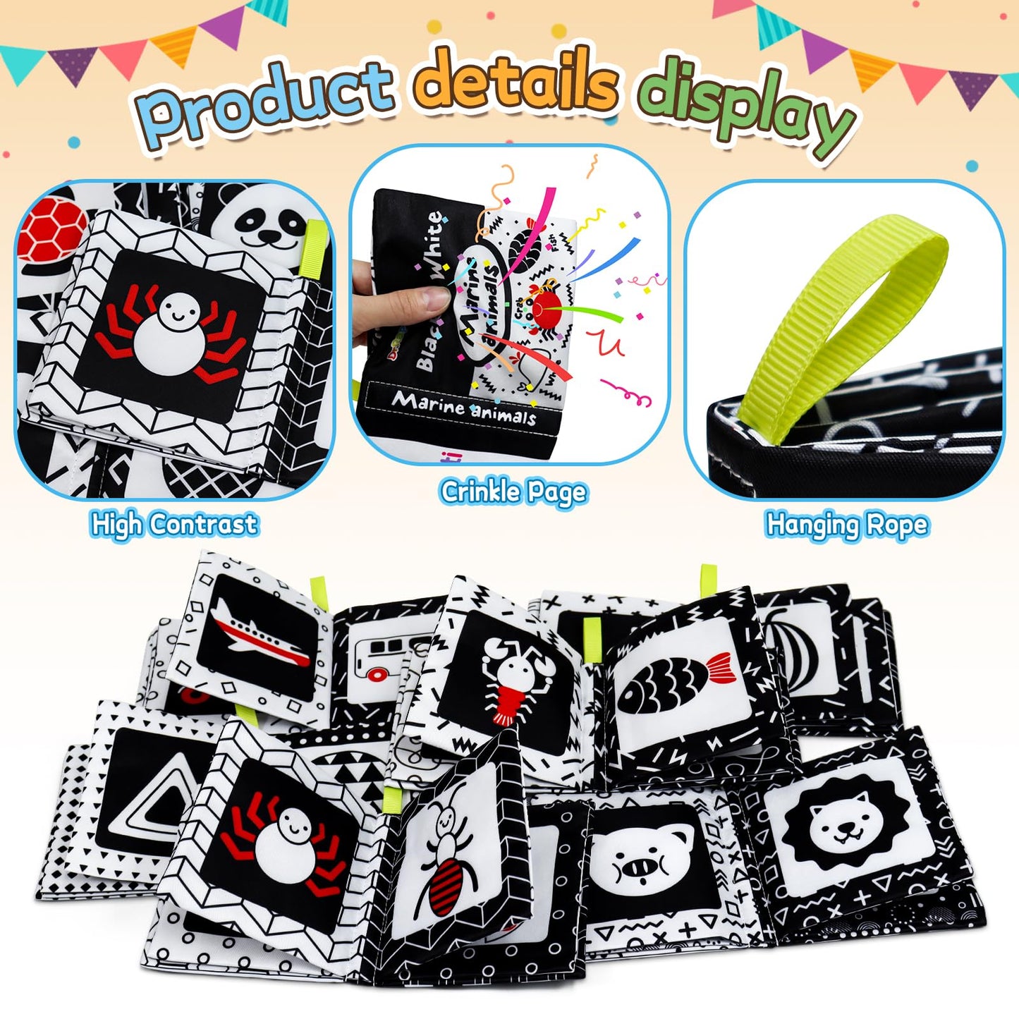 Dr.Rapeti Soft Cloth Books Baby Books Bath Books 6-Pack for Baby Infant Toddler Kids High Contrast Black and White Crinkle Washa