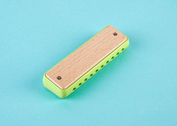 Hape Blues Harmonica - 10 Hole Wooden Musical Instrument Toy for Kids, Green, Model E8914