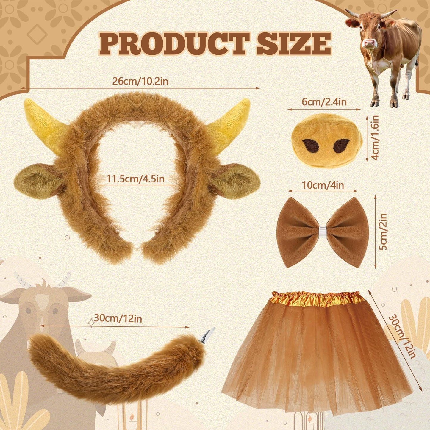 Janinka 5pcs Halloween Highland Cow Costume Set for Girls Women Brown Cow Ears Horns Headband Bowtie Tail Tutu Skirt Animal Fanc