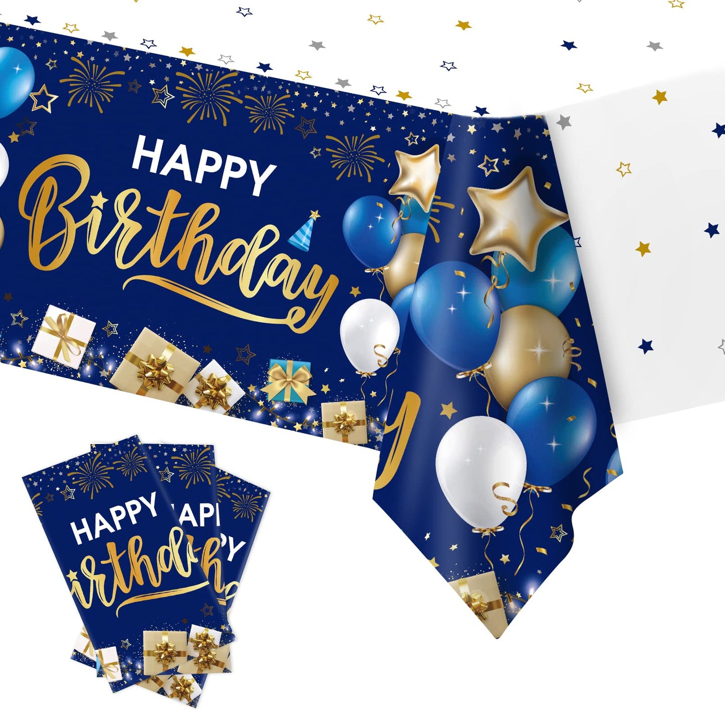DUAIAI Happy Birthday Decorations, 3 Pcs Navy Blue and Gold Birthday Tablecloth for Boys Girls Men Women, Plastic Disposable Rec
