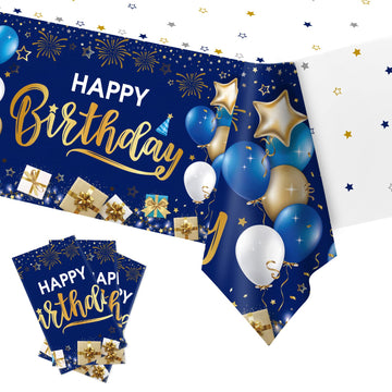 DUAIAI Happy Birthday Decorations, 3 Pcs Navy Blue and Gold Birthday Tablecloth for Boys Girls Men Women, Plastic Disposable Rec
