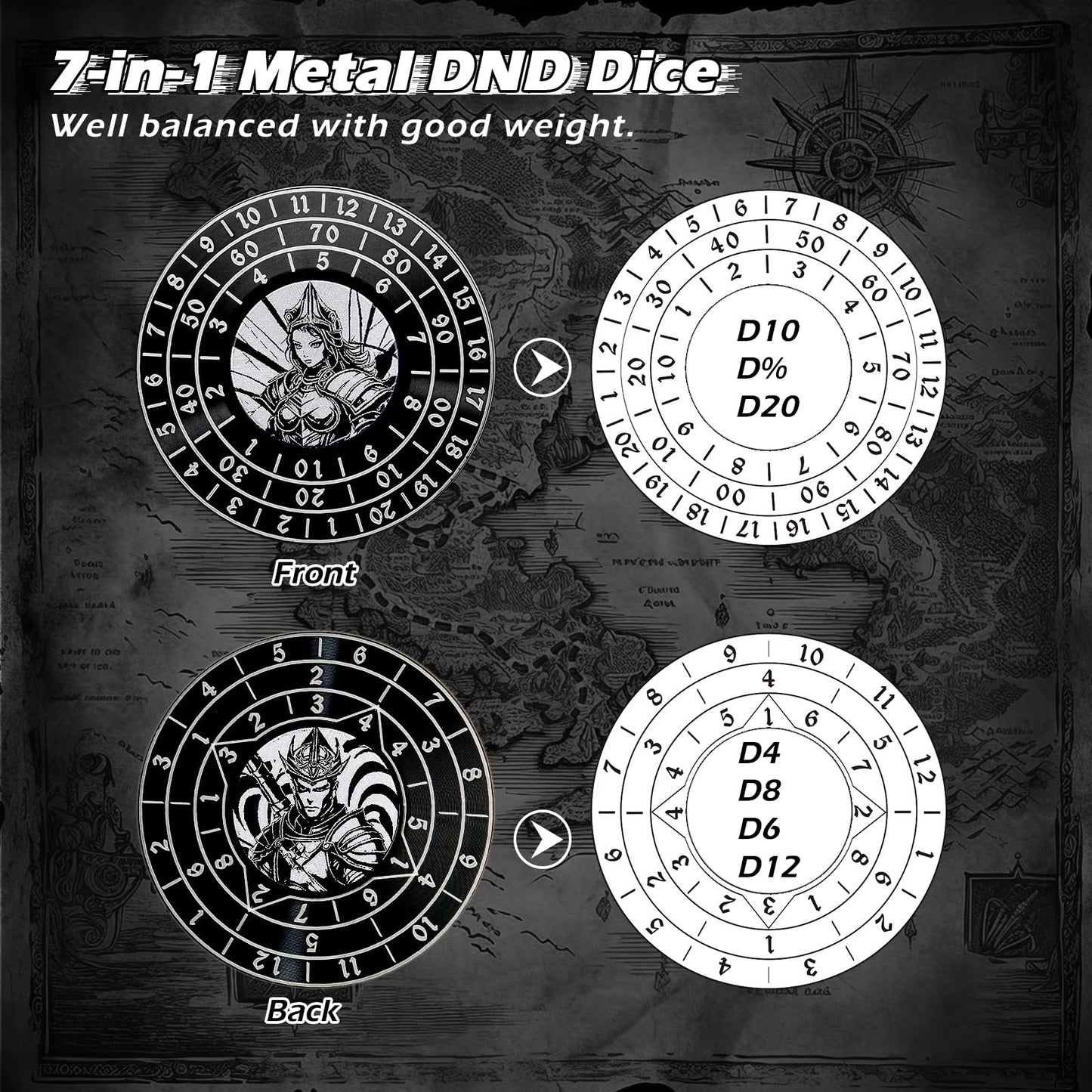 PJOY 7-in-1 Metal DND Spinner Dice Set - Black - Built-in D4, D6, D8, D10, D12, D20 for Dungeons & Dragons Gifts