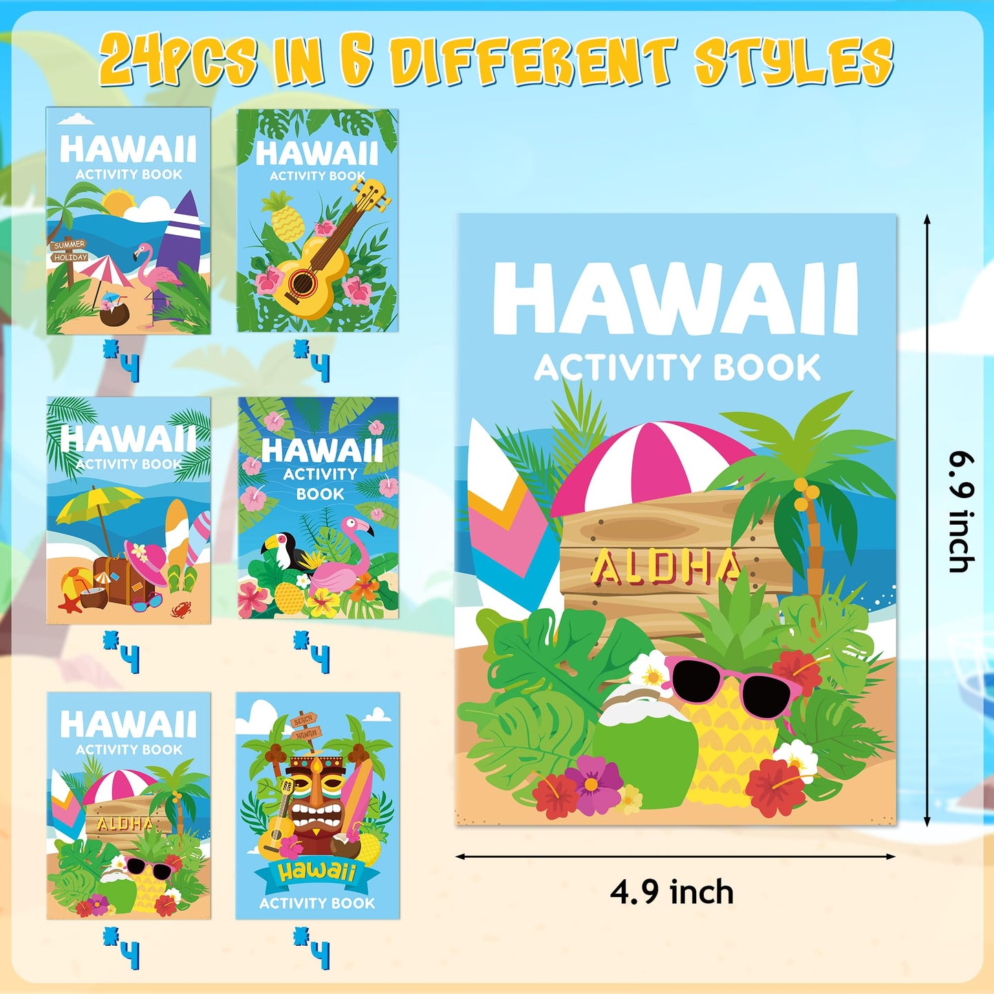 BWkoss Summer Activity Books for Kids-24Pcs Hawaii Mini Games Coloring Book Set Bulk Mazes Word Search Word Scramble Games Bookl