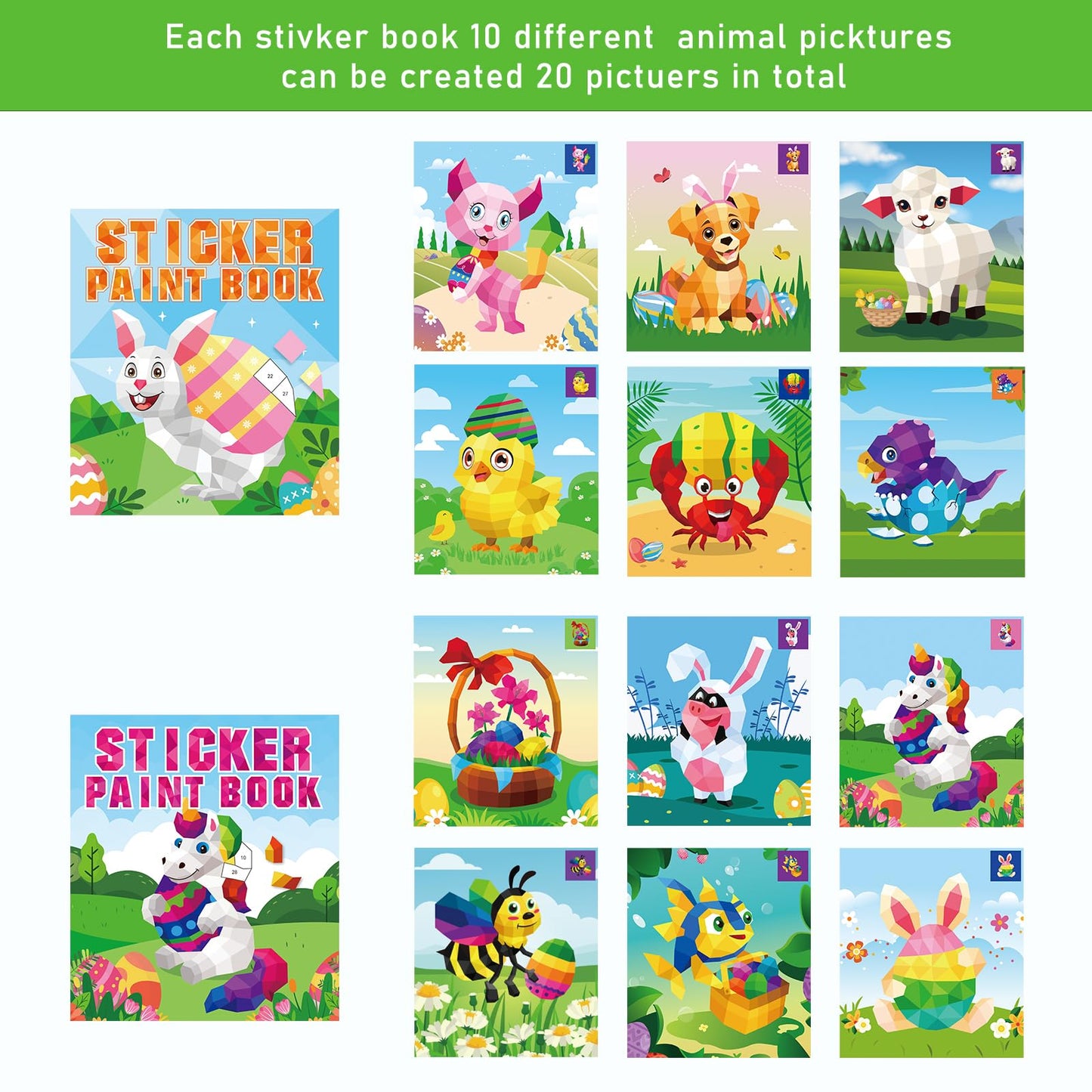 2Pcs Easter Day Crafts For Kids Ages 4-8 Sticker Paint Books Gift Party Create 20 Pictures(Sticker Sheets Are Separate)
