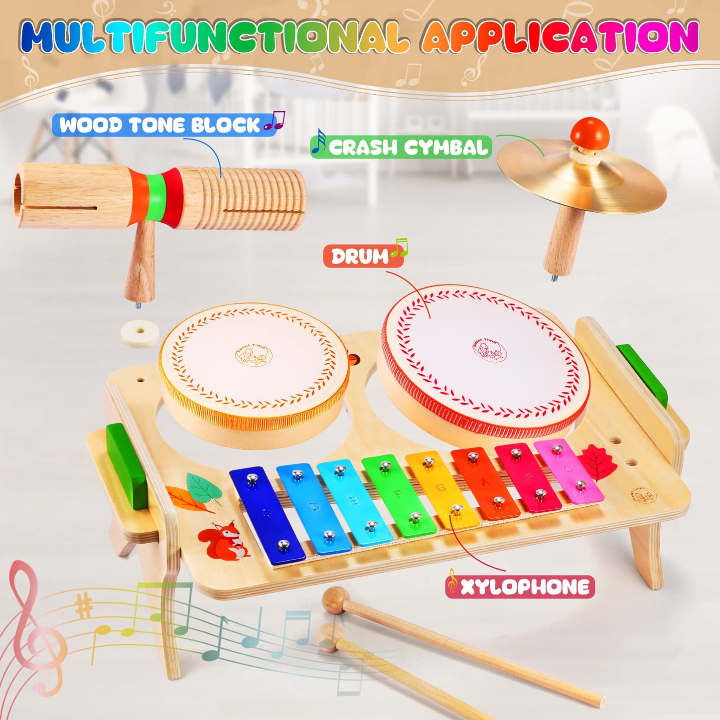 Wingyz Kids Drum Set - 7 in 1 Montessori Music Instruments, Natural Wood, Cat Drum-501, Perfect Birthday Gift for Boys and Girls
