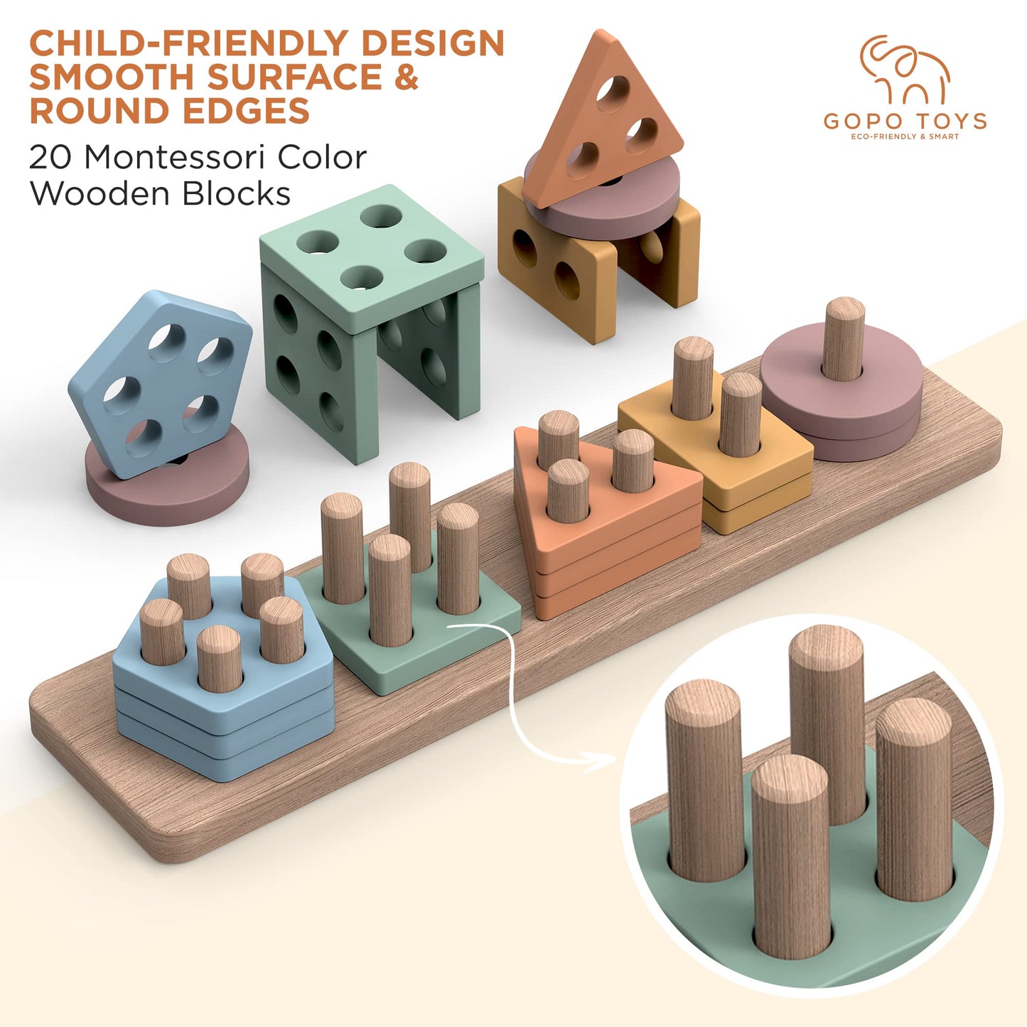 GOPO TOYS Montessori Toys for 18+ Months Old - Toddlers Wooden Sorting and Stacking Toys for Baby Boys and Girls - Shape Sorter