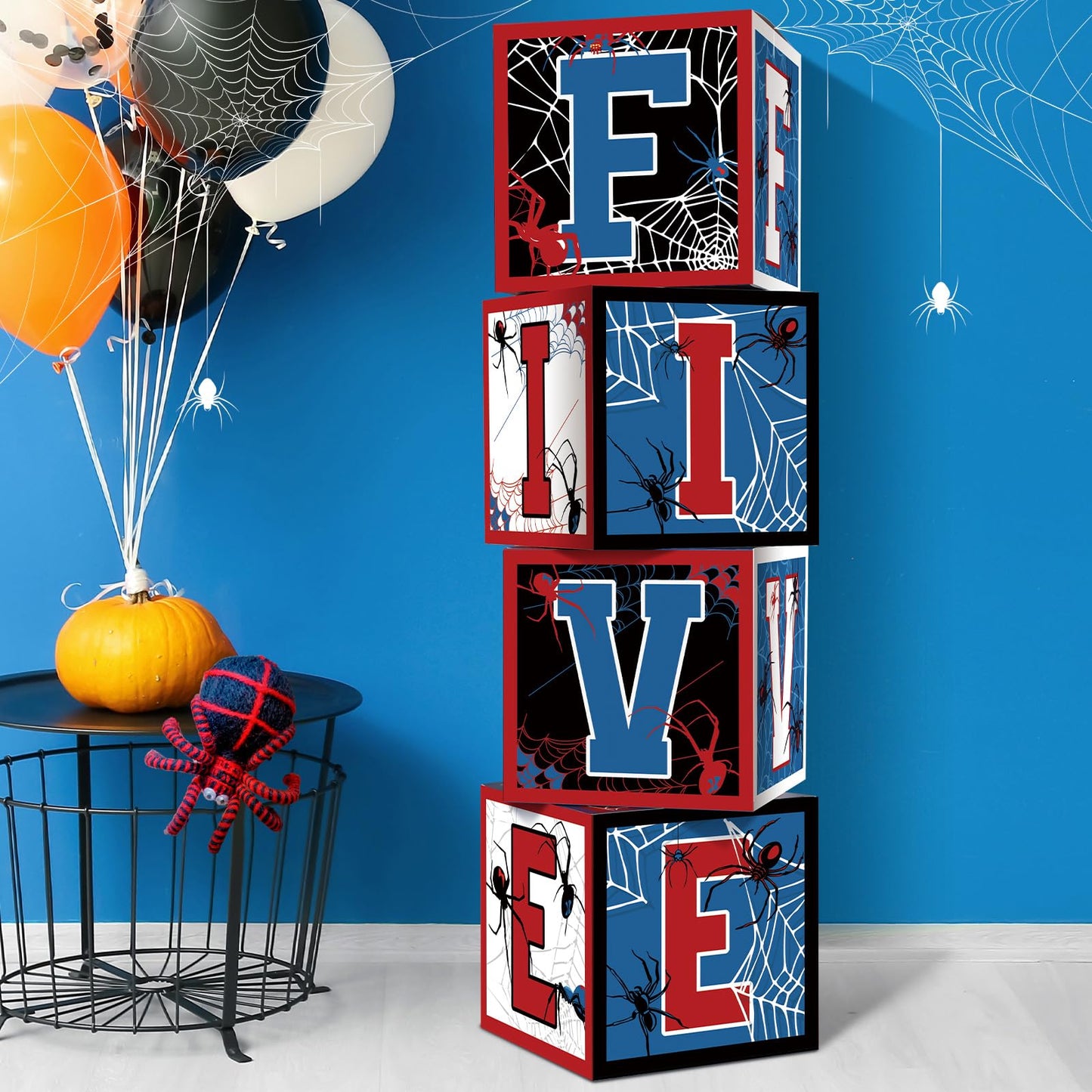 Feifeiya 4 Pcs Spider 5th Birthday Decoration Spider Theme Balloon Boxes  Five  Letter Box Blocks for Boy Five Years Old Birthda