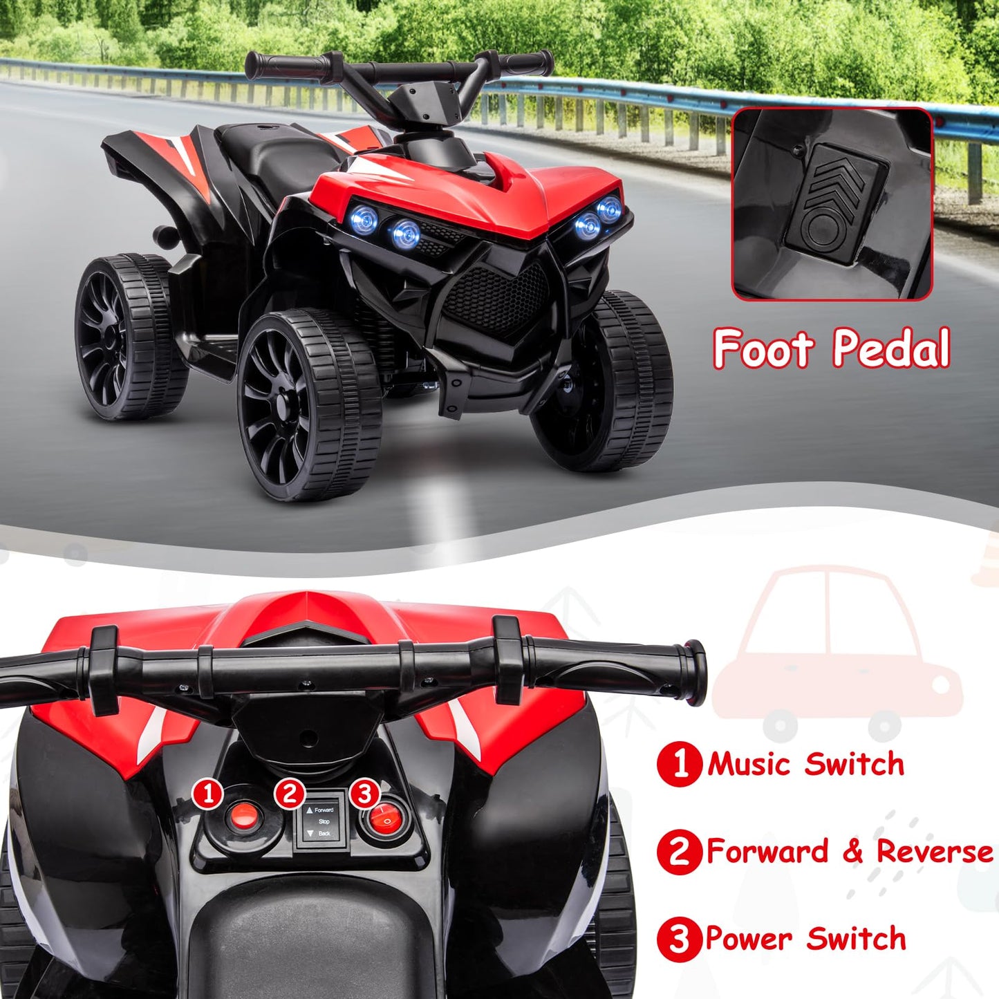 Kids ATV 4 Wheeler, 6V Ride on Toy with 1.8MPH Max Speed, Wear-Resistant Wheels, Music & Foot Pedal, Battery Powered Electric Qu