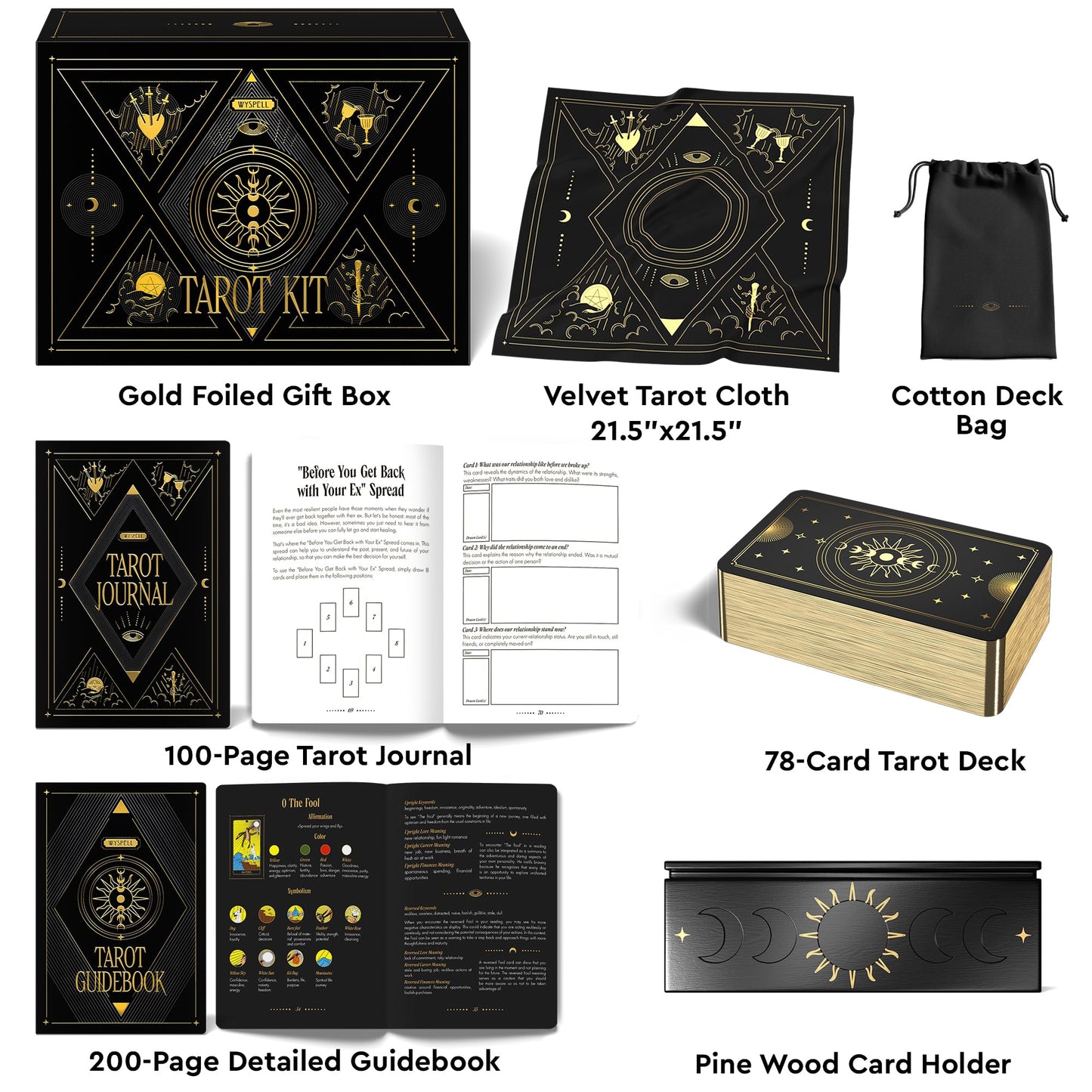 Wyspell Tarot Kit Includes Gold Tarot Cards With Guide Book, A Tarot Cloth, A Tarot Bag, A Tarot Journal, And A Classic Tarot Deck Holder - Beautiful Tarot Cards For Beginners Kit