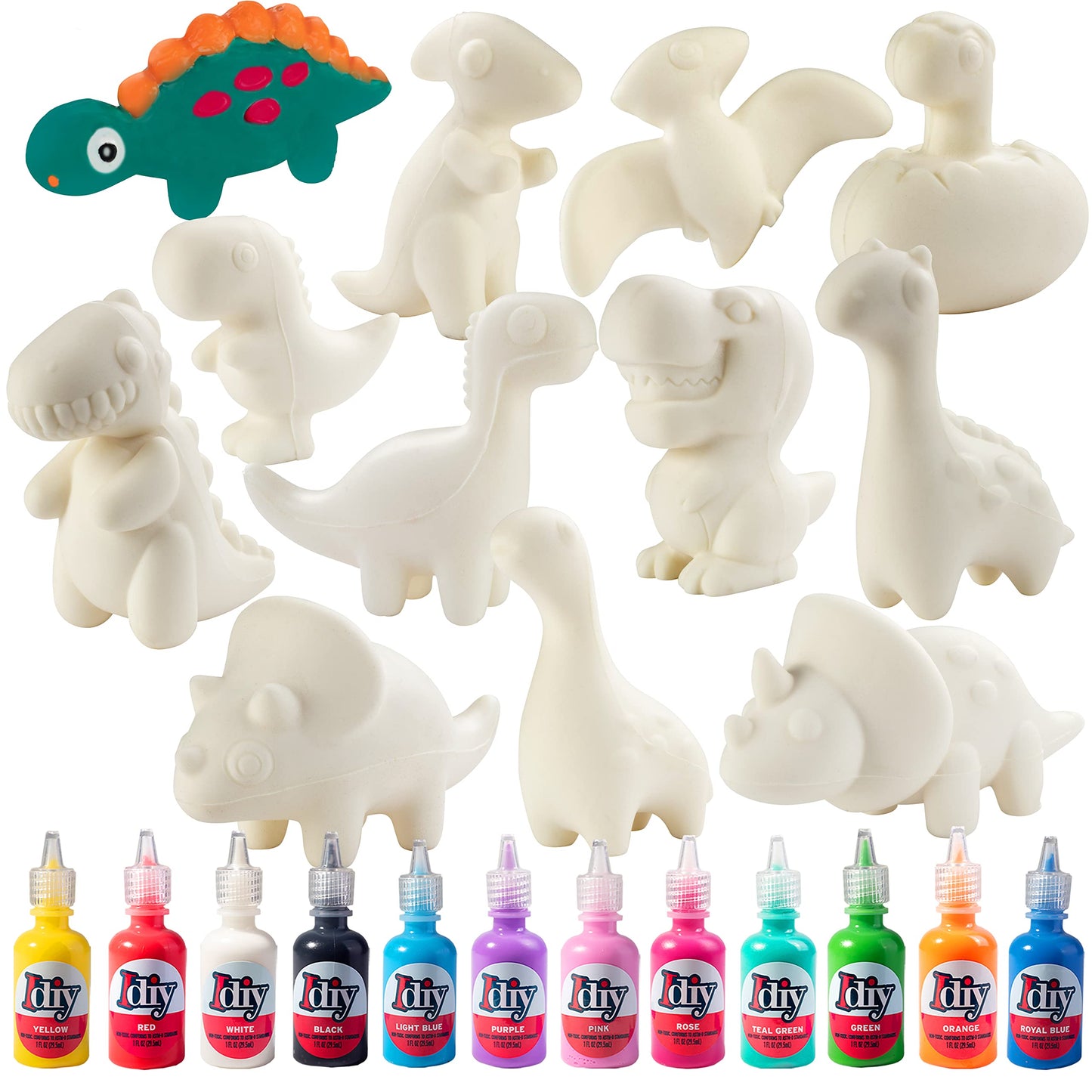 Jumbo Party Craft Kit Dino Squishies (12 Unique Dinosaurs w 12 Fabric Paints)-White Kawaii Scented Slow Rise Squishy Toys, Stres