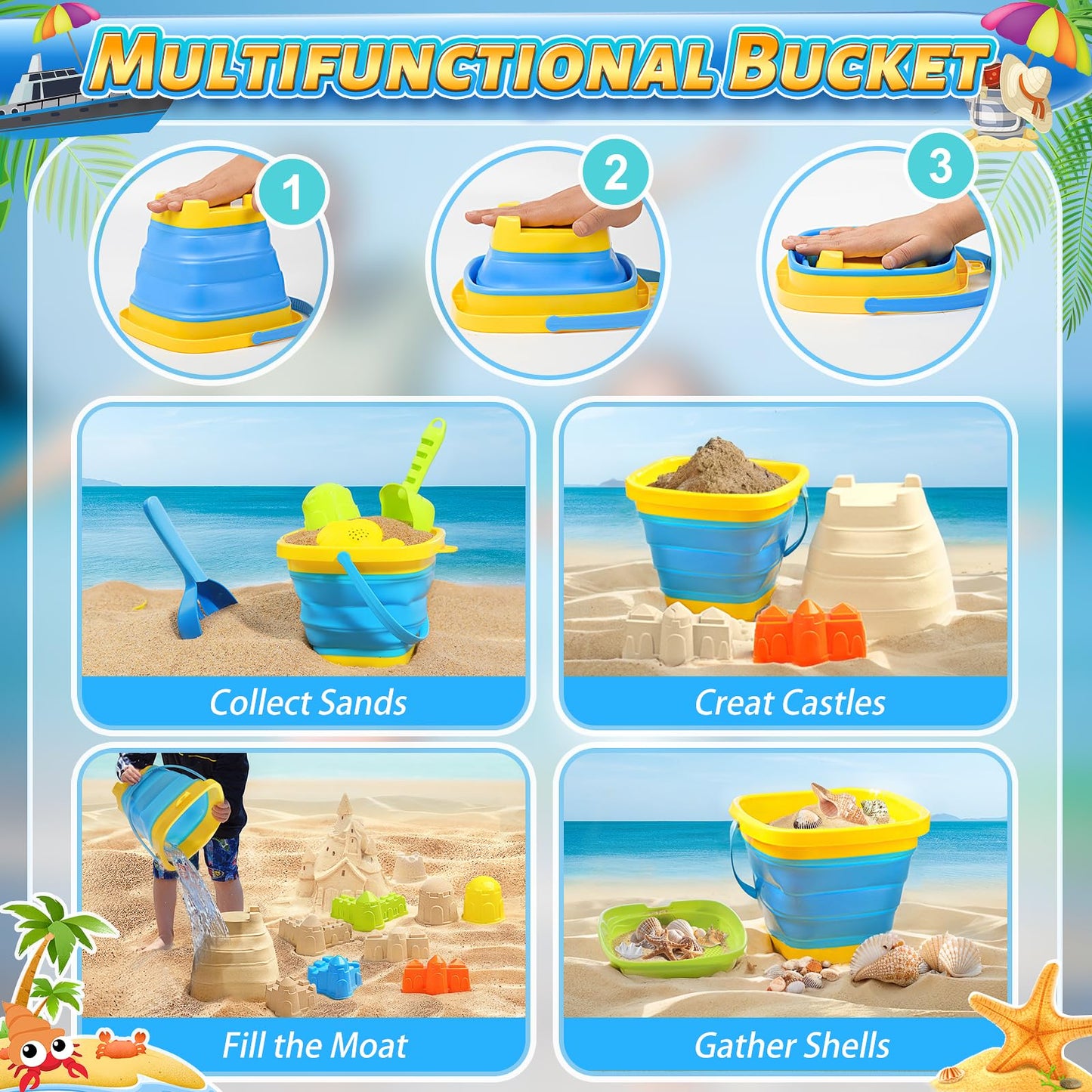 Beach Sand Toys for Kids with Collapsible Bucket and Mesh Bag, Toddlers Filter Sand Scooper Mesh Shovel Cover for Collecting She