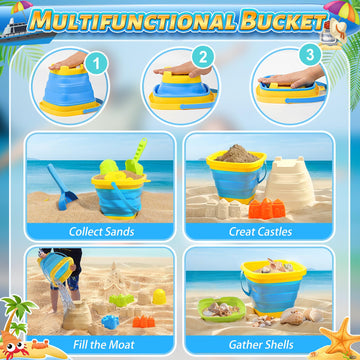 Beach Sand Toys for Kids with Collapsible Bucket and Mesh Bag, Toddlers Filter Sand Scooper Mesh Shovel Cover for Collecting She