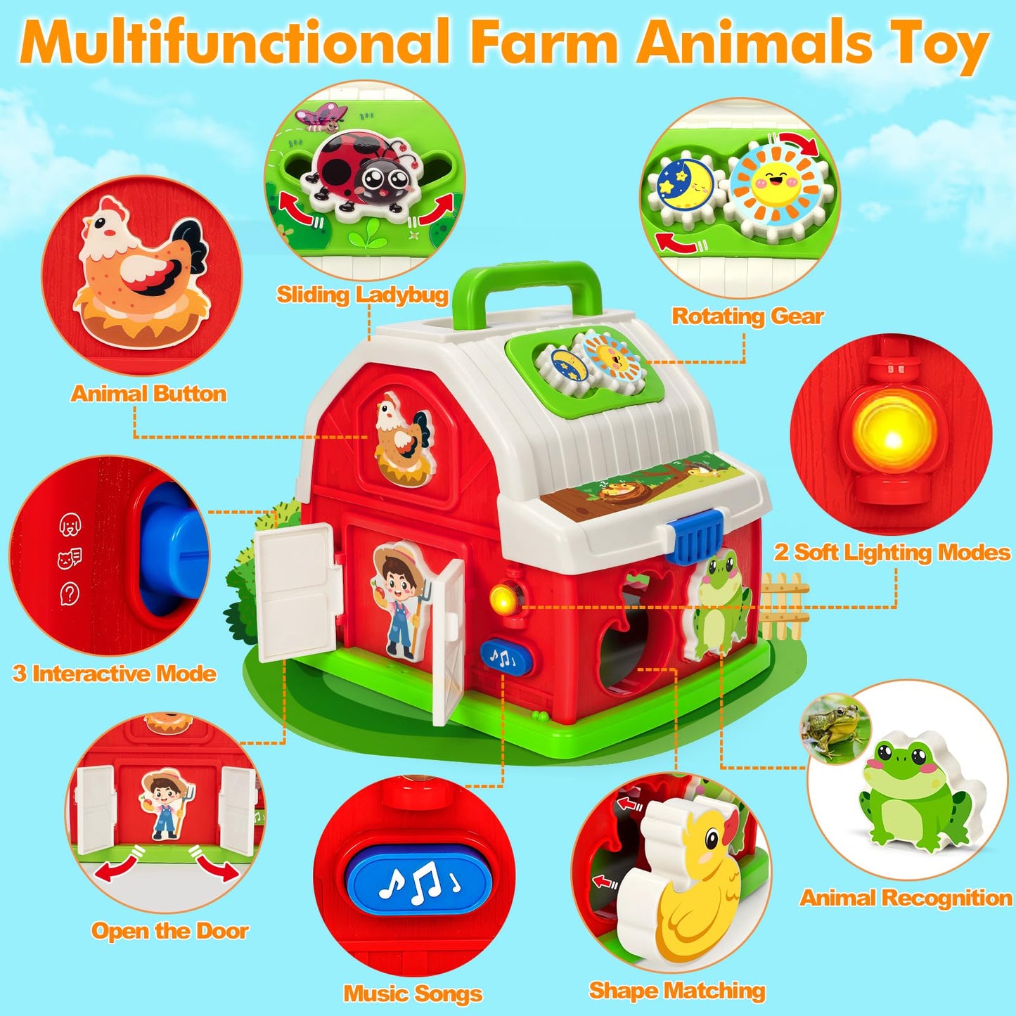 Montessori Toddler Toys for 1 2 3 Year Old Boys Girls, Musical Farm Animals Barn Toy with Sound & Light, Learning Toys for Toddl